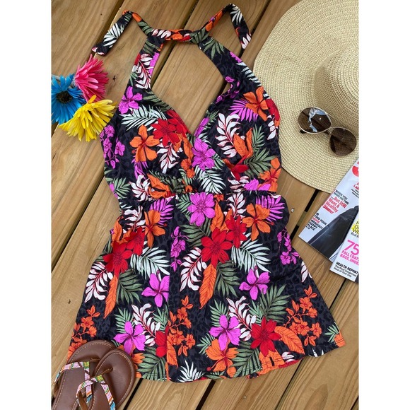 Swimsuits for All Swim Dress 16 V-Neck Halter Floral Print NEW - Picture 1 of 8